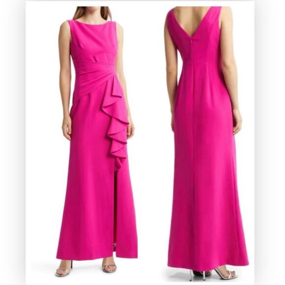 ELIZA J NWT Cascade Ruffle Pleated Bow Tie Front Slit Gown Sz 10 $ 188.00 - Picture 1 of 6